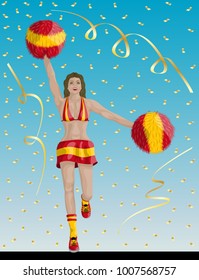 Spanish Cheerleader of Spain Fans.?� Cheerleader girl, confetti papers and background are in different layers.