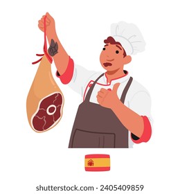 Chef Español Muestra Una Artista Culinaria Con Una Pierna De Cerdo En Bruto, Con Una Experiencia En La Cocina Tradicional Española, Preparada Para Transformar Un Ingrediente Humilde En Una Encantadora Ilustración Vectorial.