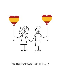 spanish children, love Spain sketch, girl and boy with a heart shaped balloons, black line vector illustration