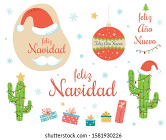 Spanish Christmas clip art collection Hand drawn set Text Merry Christmas Happy New Year decorated Christmas light cactus, Santa hat, mustache ball gift box snowflakes. New year Vector illustration.