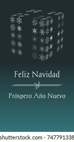 spanish Christmas greeting card with text Merry Christmas and Happy New year, vertical spain holiday illustration with green background and with abstract gift from snowflakes