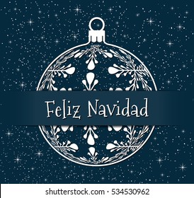 spanish christmas greeting card, white silhouette of christmas ball with text on snowy blue background, spain holiday illustration