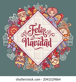 Spanish Christmas Navidad Christmas in Spain Feliz Navidad in different languages in Spain, Mexico, Colombia, Argentina, Peru, Venezuela, Cuba, Nicaragua Christmas wreath with toys and lettering Feliz