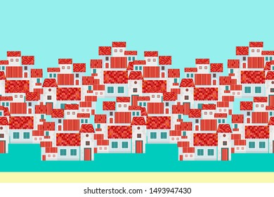 Spanish coast  houses - seamless vector border illustration 