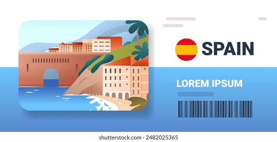 Spanish coastal cityscape with buildings cliffside ocean waves palm trees and mountains in background colorful flat design