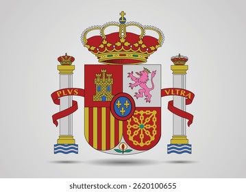 Spanish coat of arms with crowns, a lion and a castle on the background of a shield.