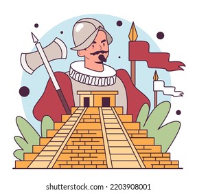 Spanish Conquest Of The Aztec. Spanish Colonization Of The Americas. Conquistadors Invasion To Aztec Empire. Vice-Kingdom Of New Spain Or Mexico Formation. Flat Vector Illustration