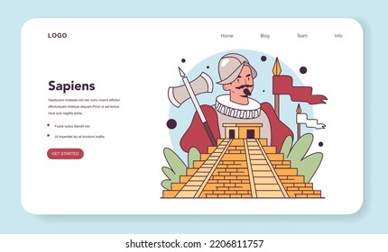 Spanish Conquest Of The Aztec Web Banner Or Landing Page. Spanish Colonization Of The Americas. Conquistadors Invasion To Aztec Empire. New Spain Or Mexico Formation. Flat Vector Illustration