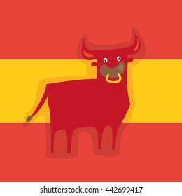 Spanish corrida bull on Spanish flag background with traditional colors. Flat cartoon vector illustration