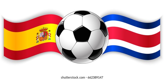 Spanish and Costa Rican wavy flags with football ball. Spain combined with Costa Rica isolated on white. Football match or international sport competition concept.