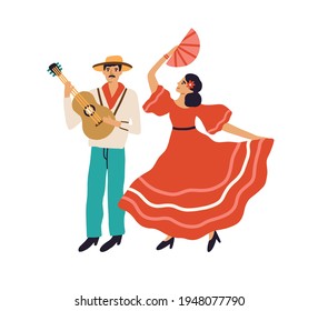 Spanish couple of man playing guitar and woman dancing flamenco in red dress. Hispanic guitarist and passionate female dancer. Colored flat graphic vector illustration isolated on white background