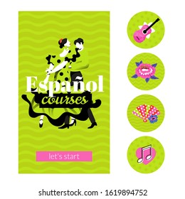 Spanish courses design template in 9:16 aspect ratio with highlights icons. Español word means Spanish in English. Layout with text for social media stories, promo materials.