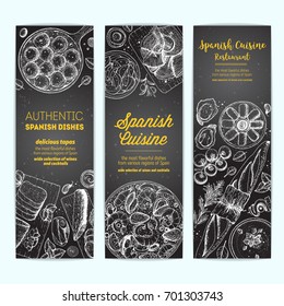 Spanish cuisine banner collection. Set spanish dishes with albondigas, mojama, bocadillo, paella. Food menu design template. Vintage hand drawn sketch vector illustration. Engraved image