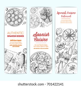 Spanish cuisine banner collection. Set spanish dishes with albondigas, mojama, bocadillo, paella. Food menu design template. Vintage hand drawn sketch vector illustration. Engraved image