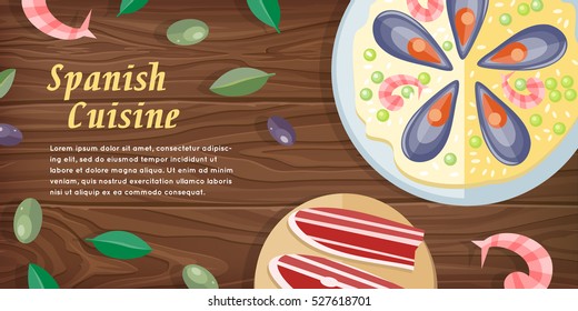 Spanish cuisine banner isolated on wooden background. Paella traditional Spanish meal with rice and seafood. Jamon dry-cured ham. Tapas appetizers, snacks. Spain food concept in flat design. Vector