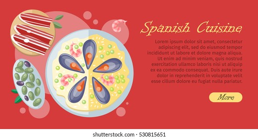 Spanish cuisine banner isolated on wooden background. Paella traditional Spanish meal with rice and seafood. Jamon dry-cured ham. Tapas appetizers, snacks. Spain food concept in flat design. Vector