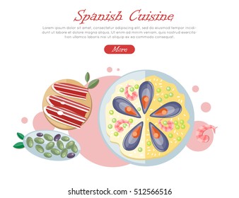 Spanish cuisine banner. Paella traditional Spanish meal with rice and seafood. Jamon dry-cured ham. Tapas variety of appetizers, snacks, in Spanish cuisine. Spain food concept in flat design. Vector