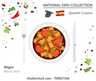 Spanish Cuisine. European national dish collection. Bread stew isolated on white, infographic. Vector illustration