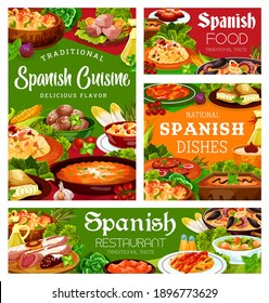 Spanish cuisine food, menu meals and dishes, Spain restaurant meat, paella and snacks tapas, vector. Spanish food seafood and fish paella, lunch and dinner, traditional sausages and pastry