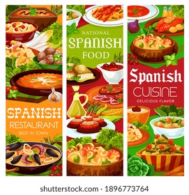 Cocina española a la carta: mariscos y tapas, tentempiés vectoriales, sopas y carne. España cocina mediterránea restaurante comidas tradicionales de almuerzo, sopa de pasteles y gazpacho y salchichas españolas