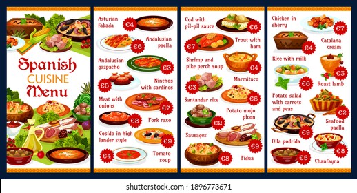 Spanish cuisine food menu and tapas, vector paella plate with seafood fish and meat. Spain restaurant traditional meals and lunch menu tomato soup gazpacho, fidua, Spanish sausages and Catalan cream