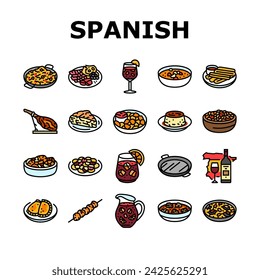 spanish cuisine food paella tapas icons set vector. spain dish, plate meat, traditional gourmet, restaurant mediterranean, tortilla spanish cuisine food paella tapas color line illustrations