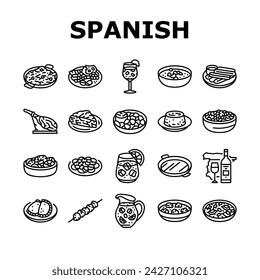 spanish cuisine food paella tapas icons set vector. spain dish, plate meat, traditional gourmet, restaurant mediterranean, tortilla spanish cuisine food paella tapas black contour illustrations