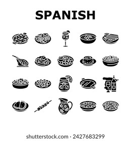 spanish cuisine food paella tapas icons set vector. spain dish, plate meat, traditional gourmet, restaurant mediterranean, tortilla spanish cuisine food paella tapas glyph pictogram Illustrations