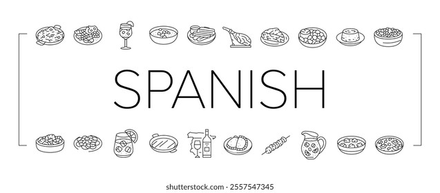 spanish cuisine food paella tapas icons set vector. spain dish, plate meat, traditional gourmet, restaurant mediterranean, tortilla spanish cuisine food paella tapas black contour illustrations