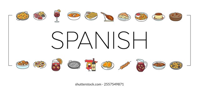 spanish cuisine food paella tapas icons set vector. spain dish, plate meat, traditional gourmet, restaurant mediterranean, tortilla spanish cuisine food paella tapas color line illustrations