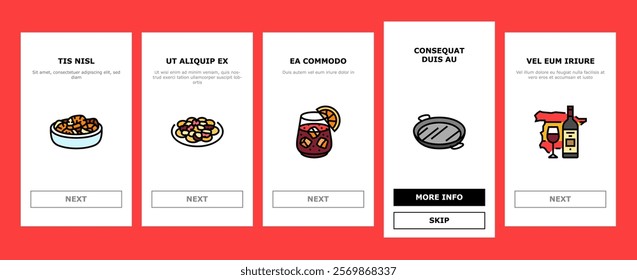 spanish cuisine food paella tapas onboarding mobile vector spain dish, plate meat, traditional gourmet, restaurant mediterranean, tortilla spanish cuisine food paella tapas illustrations