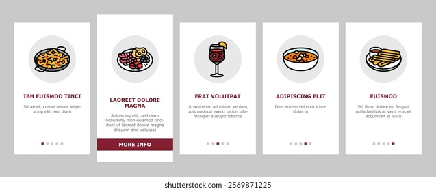 spanish cuisine food paella tapas onboarding mobile vector spain dish, plate meat, traditional gourmet, restaurant mediterranean, tortilla spanish cuisine food paella tapas illustrations