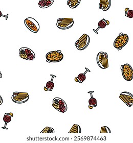 spanish cuisine food paella tapas vector seamless pattern thin line illustration