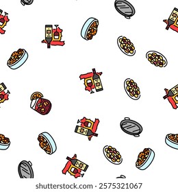 spanish cuisine food paella tapas vector seamless pattern thin line illustration