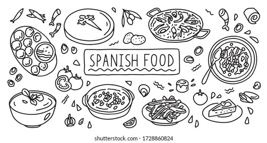 Spanish cuisine, food. Simple doodle outline style. Vector stock black and white illustration.