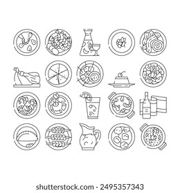 spanish cuisine food spain paella icons set vector. dish mediterranean, tortilla onion, omelet table, mussel gourmet, olive, traditional spanish cuisine food spain paella black contour illustrations