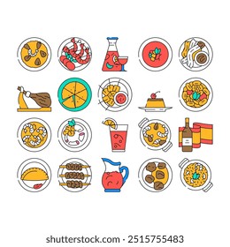 Cocina española Comida España Iconos de la paella Vector conjunto Plato mediterráneo, tortilla de cebolla, mesa de tortilla, mejillón gourmet, oliva, cocina tradicional española Comida España paella color Contorno Ilustraciones