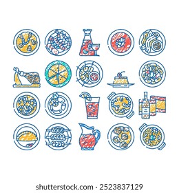 spanish cuisine food spain paella doodle icons set vector. sketch line art dish mediterranean, tortilla onion, omelet table, mussel gourmet, olive, traditional cuisine food paella color illustrations