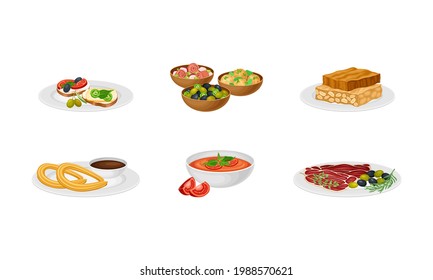 Spanish Cuisine with Gazpacho Soup and Turron from Honey and Nuts Served on Plates Vector Set