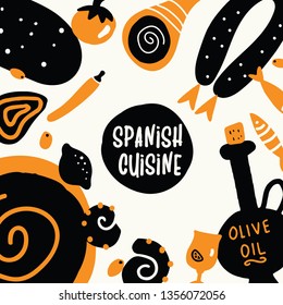 Spanish cuisine. Hand drawn illustration, made in vector. Menu template