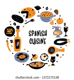 Spanish cuisine. Hand drawn vector food illustration in round composition with text space.