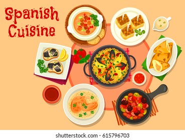 Spanish cuisine healthy dinner dishes icon with seafood paella, fish tapas escabeche, olive stew with sausage, tomato vegetable soup gazpacho, potato tortilla, chicken pie, rabbit in bread sauce