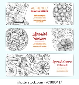 Spanish cuisine, horizontal banner collection. Set spanish dishes with albondigas, mojama, bocadillo, paella. Food menu design template. Vintage hand drawn sketch vector illustration. Engraved image