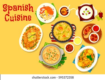 Spanish cuisine icon of fried bacon and sausage tapas, chicken rice paella, seafood tomato pasta, potato with chilli and garlic sauce, rabbit in bread sauce, baked chicken with lemon, almond soup