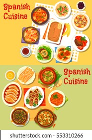 Spanish cuisine icon of seafood paella, ham rice, meat and fish stew with vegetables, baked pork, lamb kidney, liver and chicken, beef steak, sausage and almond soup, cookie churros, banana pudding