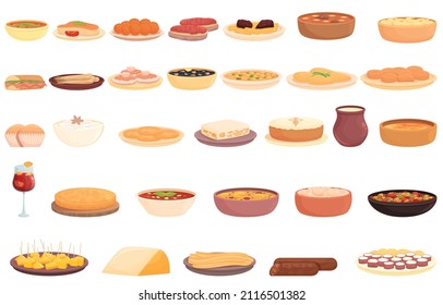 Spanish cuisine icons set cartoon vector. Food plate. Cuttlefish pasta