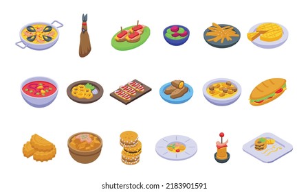 Spanish cuisine icons set isometric vector. Food cuttlefish. Plate fish