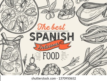 Spanish cuisine illustrations - tapas, paella, sangria, jamon, churros, calcots, turron for restaurant. Vector hand drawn poster for catalan cafe and bar. Design with doodle vintage graphic.
