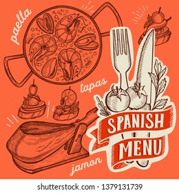 Spanish cuisine illustrations - tapas, paella, sangria, jamon, churros, calcots, turron for restaurant. Vector hand drawn poster for catalan cafe and bar. Design with doodle vintage graphic.
