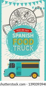 Spanish cuisine illustrations - tapas, paella, sangria, jamon, churros, calcots, turron for food truck. Vector hand drawn poster for catalan restaurant and bar. Design with doodle vintage graphic.
